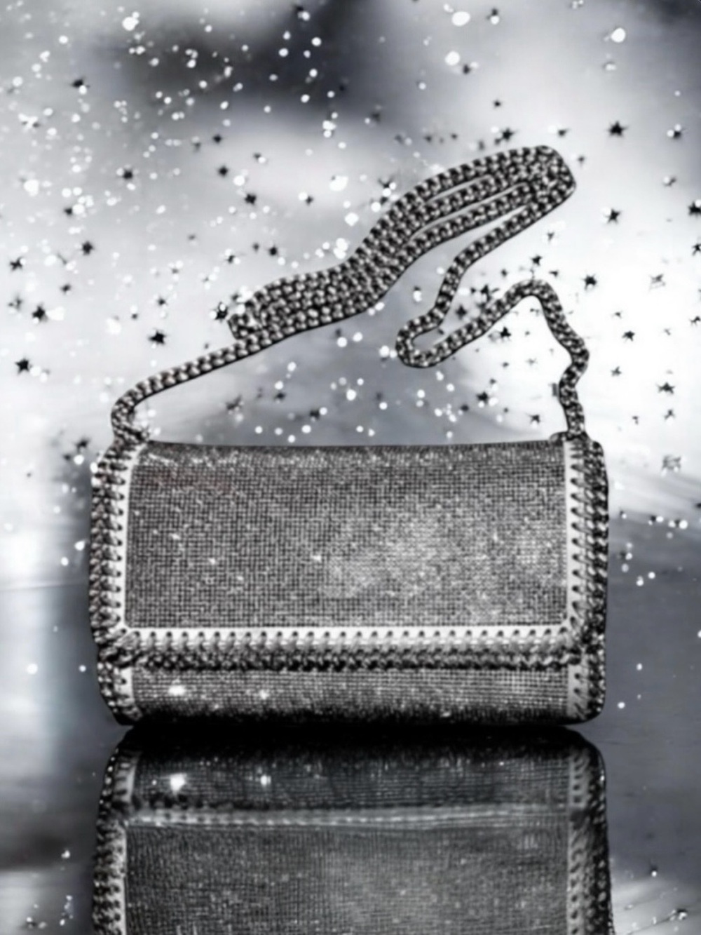 🆕💗Stella McCartney Falabella Crystal Mini Crossbody Clutch Silver Grey & Chain
